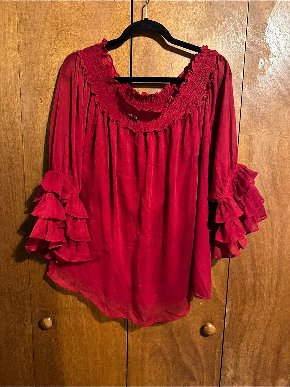 CeCe Smocked Off the Shoulder Ruffle Sleeve Blouse Red 2X